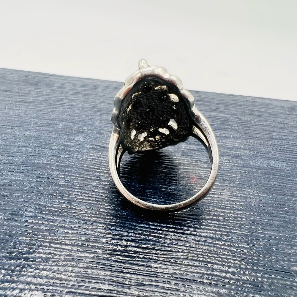 Sterling silver lattice cocktail ring black navette rhinestones size 7 - Picture 13 of 15